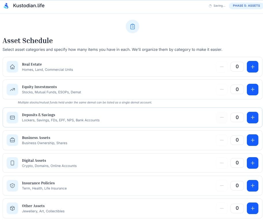 Kustodian asset schedule builder