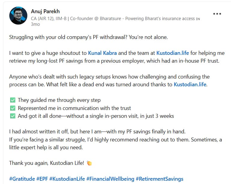 Anuj Parekh EPF review on LinkedIn