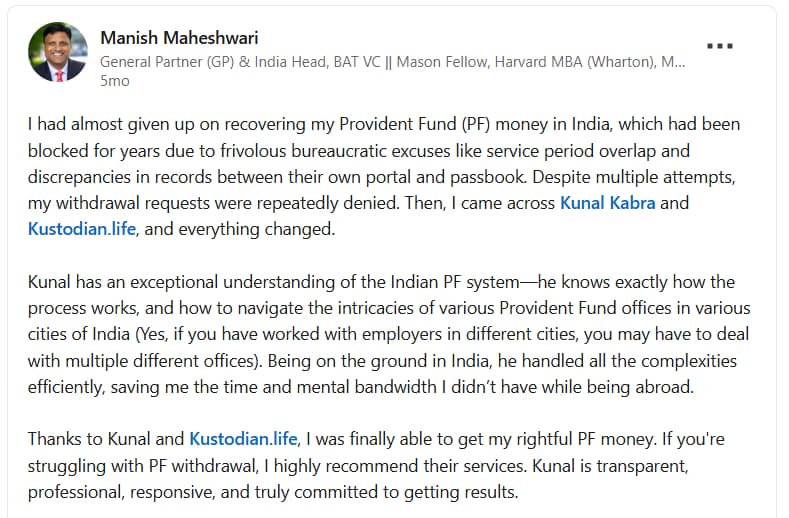 Manish Maheshwari EPF review on LinkedIn