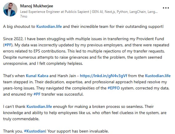 Manoj Mukherjee EPF review on LinkedIn