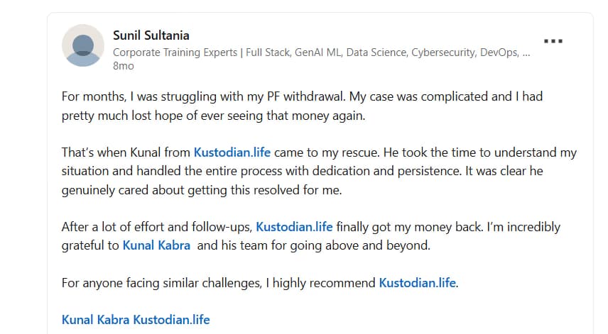 Sunil Sultania EPF review on LinkedIn