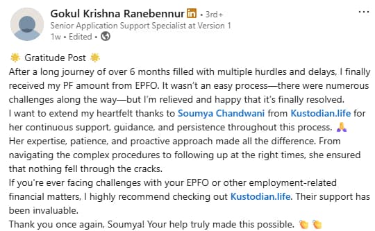 Gokul Krishna Ranebennur EPF review on LinkedIn